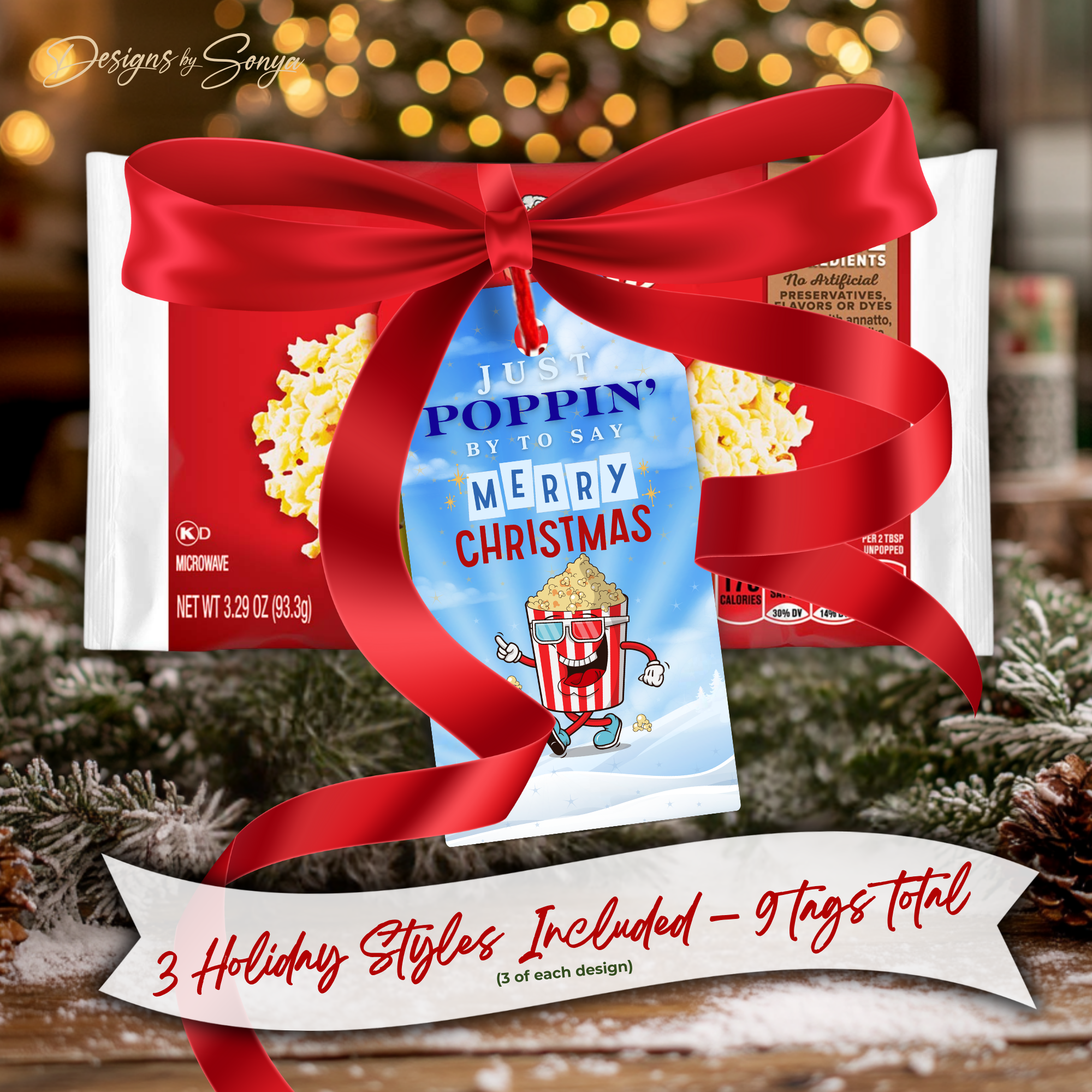 Blue Holiday Popcorn Tag on Microwave Popcorn Pack – Fun Christmas popcorn tag tied with a red ribbon around a popcorn packet, featuring 3 holiday styles included.