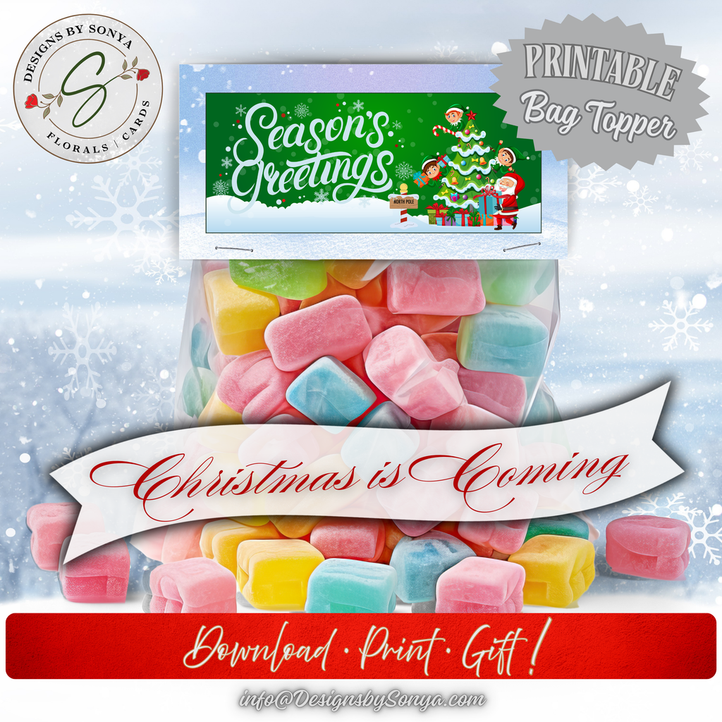 Bag Topper with Square Candies
Printable Christmas treat bag topper displayed with pastel square candies, showing festive “Season’s Greetings” holiday design for DIY Christmas favors.