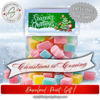 Bag Topper with Square Candies
Printable Christmas treat bag topper displayed with pastel square candies, showing festive “Season’s Greetings” holiday design for DIY Christmas favors.