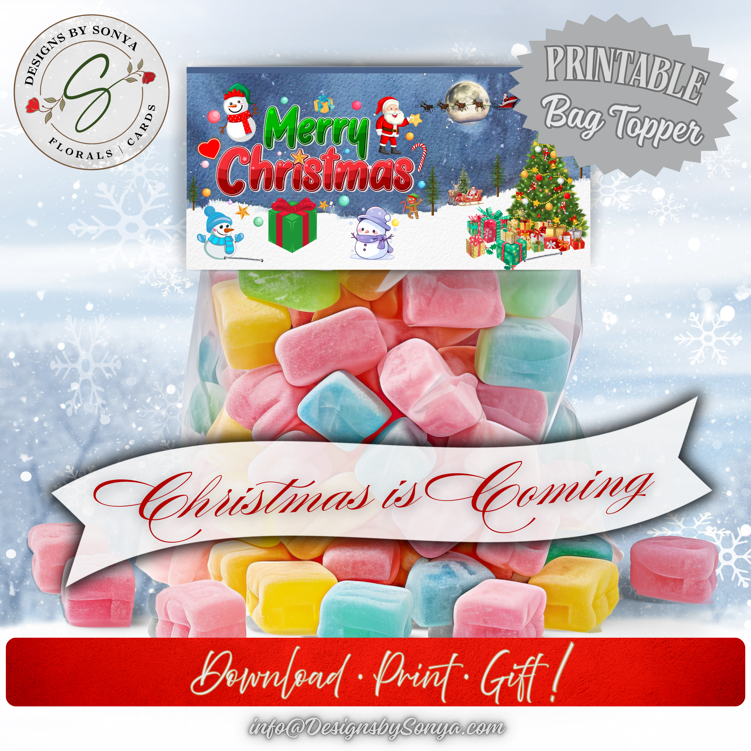 Bag Topper on Candy Bag
Finished candy bag with the Merry Christmas topper attached; snowy background and festive icons; headline “Printable Bag Topper”; ideal for Christmas favors, stocking stuffers, and classroom gifts.