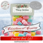 Christmas Is Coming Mockup
Bag of colorful Christmas candy with gray rustic floral topper; winter background with “Christmas is Coming” banner; printable favor packaging.