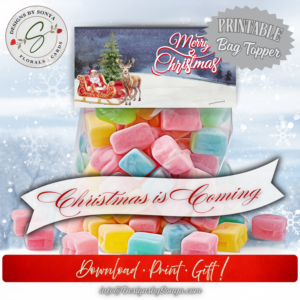 Christmas Candy Bag Topper Printable
Colorful candy-filled bag displayed with Christmas printable topper. Includes text overlay "Christmas is Coming," highlighting instant download and easy DIY use.