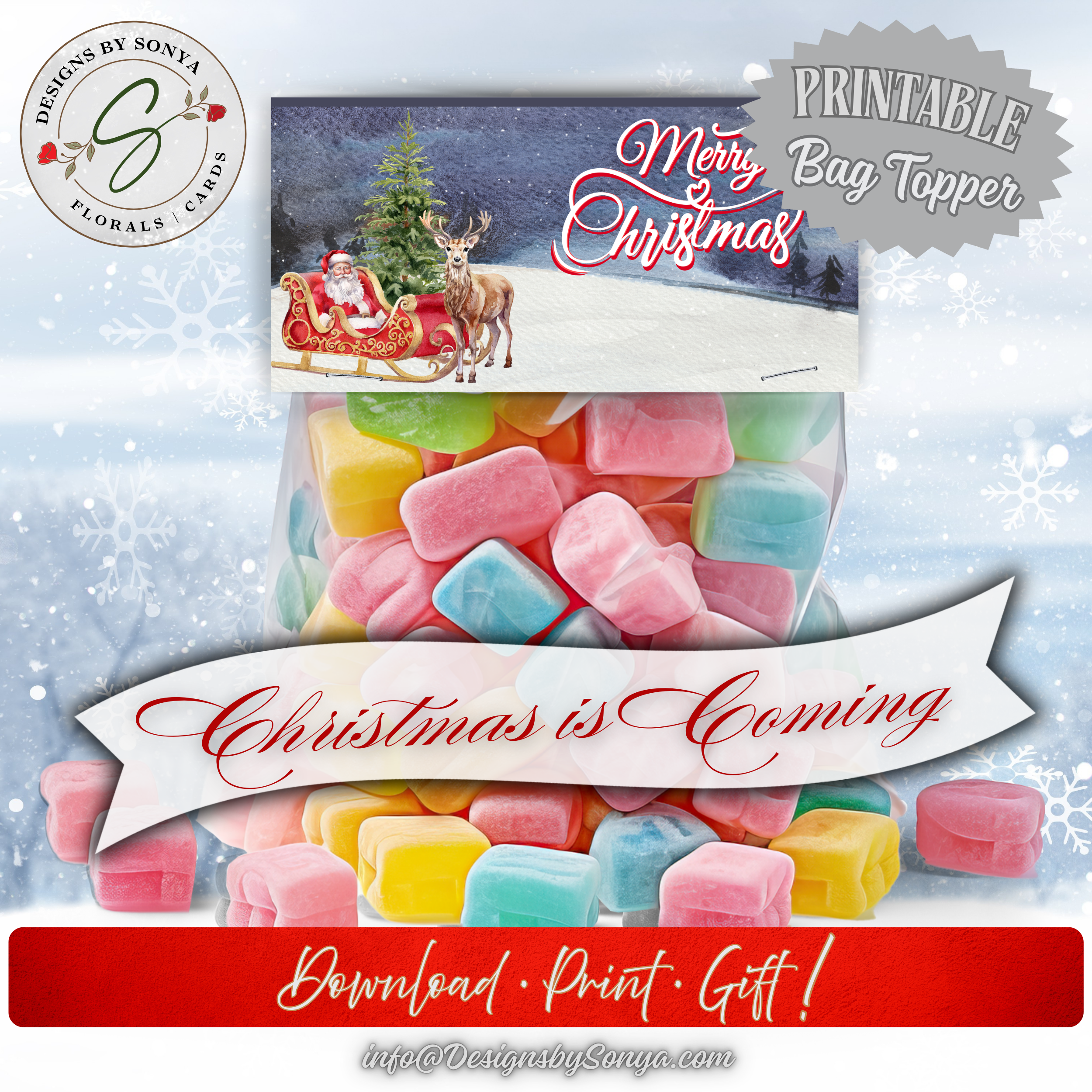 Christmas Candy Bag Topper Printable
Colorful candy-filled bag displayed with Christmas printable topper. Includes text overlay "Christmas is Coming," highlighting instant download and easy DIY use.