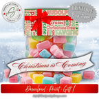 Product on Candy Bag
Printable treat topper displayed on colorful candy bag, labeled as “Printable Bag Topper” with festive holiday slogan “Christmas is Coming.”