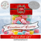 Printable Bag Topper on Candy Bag
Finished candy bag sealed with the red wreath topper; headline banner “Christmas is Coming”; showcases polished look for stocking stuffers and party favors; instant download printable.