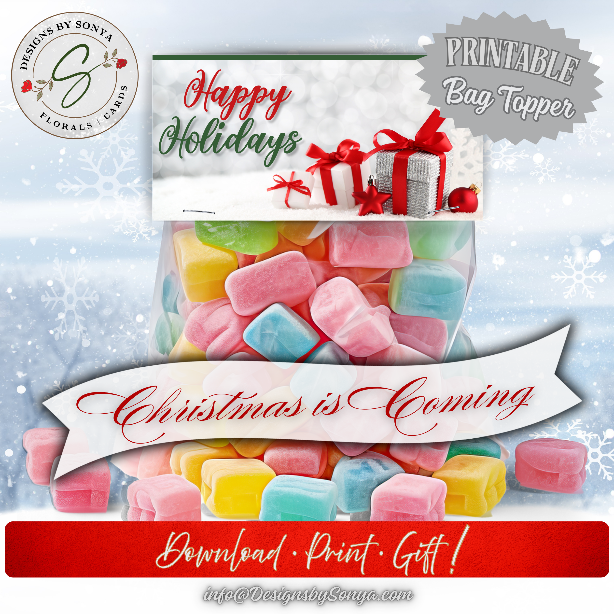 Christmas Is Coming Mockup
Festive candy bag with topper featuring red bow gift design; snowy backdrop with “Christmas is Coming” banner; printable holiday favor packaging.
