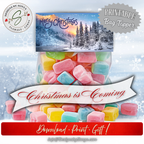 Christmas Is Coming Mockup
Bag filled with pastel candies topped with snowy forest design; styled with “Christmas is Coming” holiday banner.