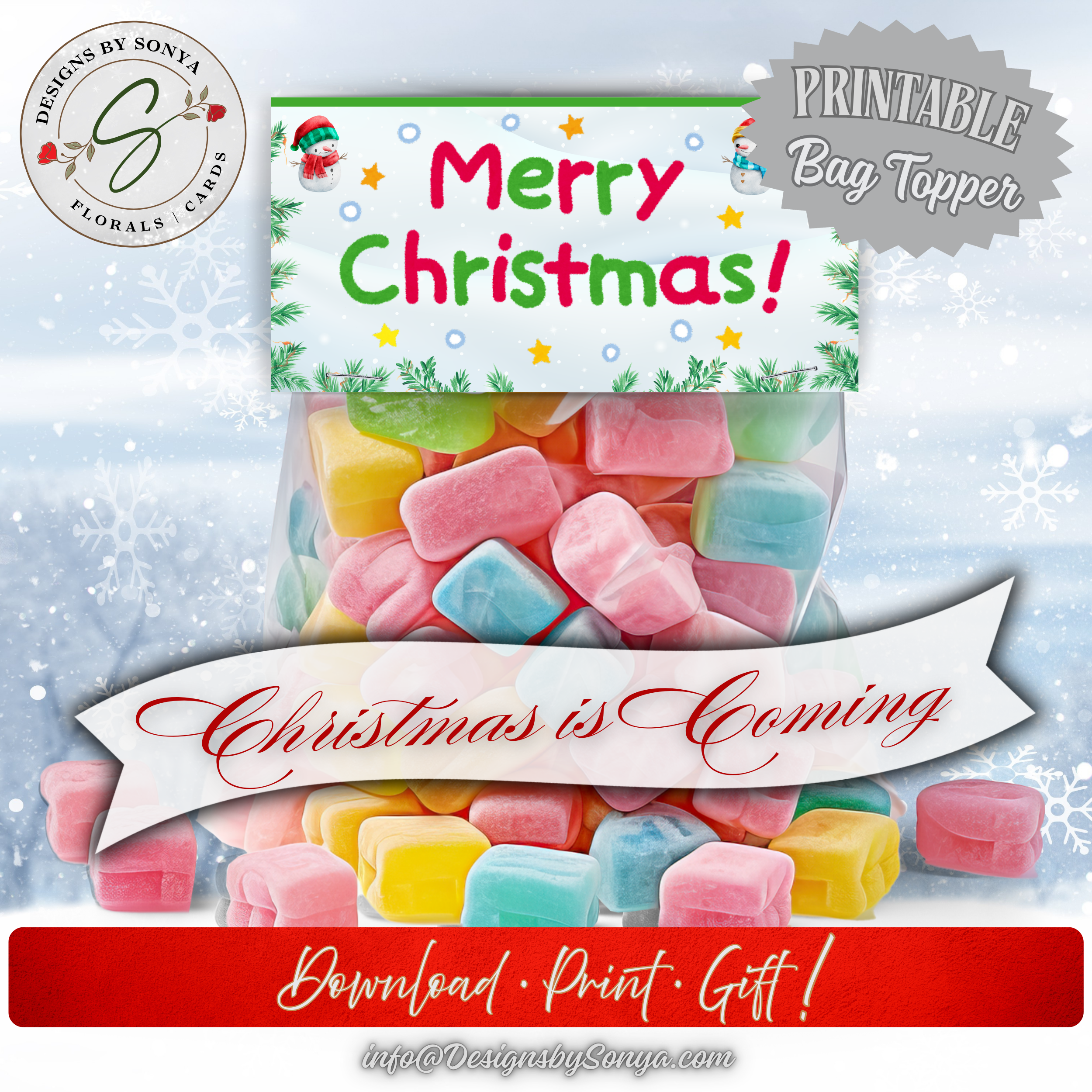 Bag Topper on Candy Bag
Finished candy bag with the Merry Christmas topper attached; snowy background and festive icons; headline “Printable Bag Topper”; ideal for Christmas favors, stocking stuffers, and classroom gifts.