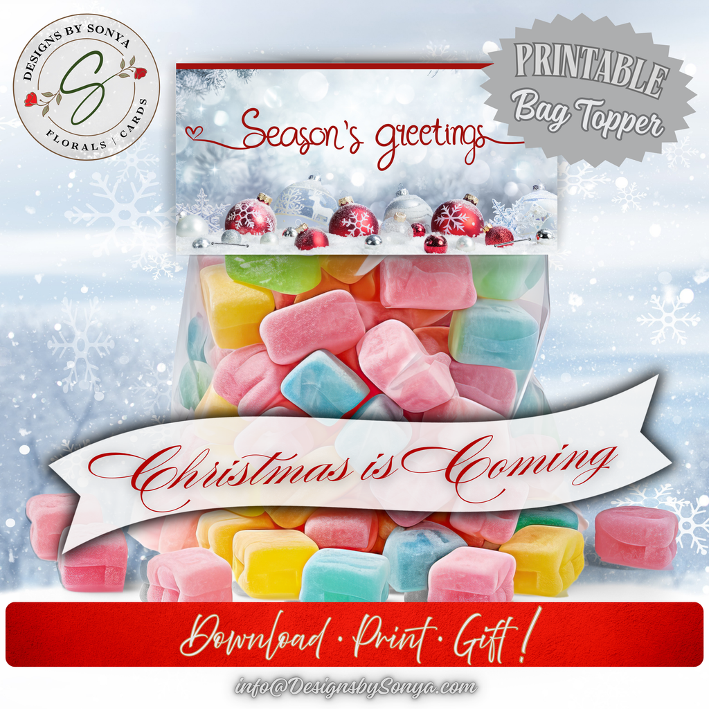 Christmas Is Coming Mockup
Treat bag filled with festive candy under Season’s Greetings topper; wintery snowflake backdrop with “Christmas is Coming” banner.