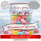Christmas Is Coming Mockup
Treat bag filled with festive candy under Season’s Greetings topper; wintery snowflake backdrop with “Christmas is Coming” banner.