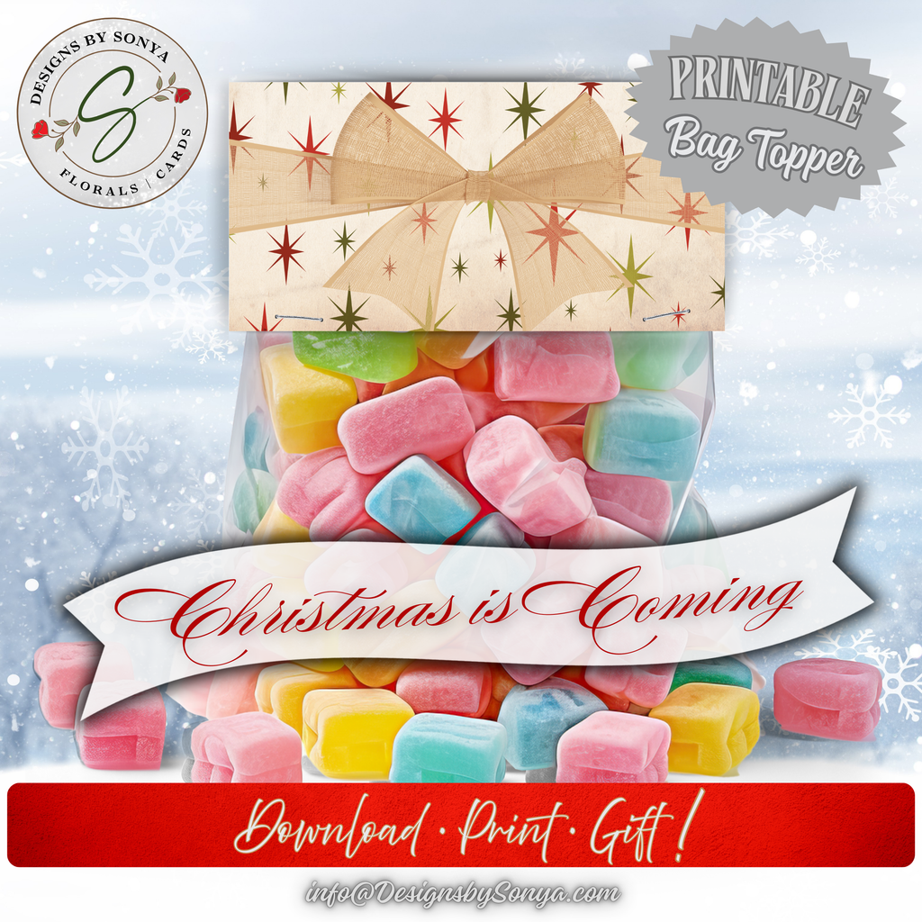 Printable Christmas Candy Bag Topper with Holiday Stars
Retro star and bow printable topper sealing a colorful candy bag, styled with the phrase “Christmas is Coming,” perfect for stocking stuffers or festive DIY gifts.
