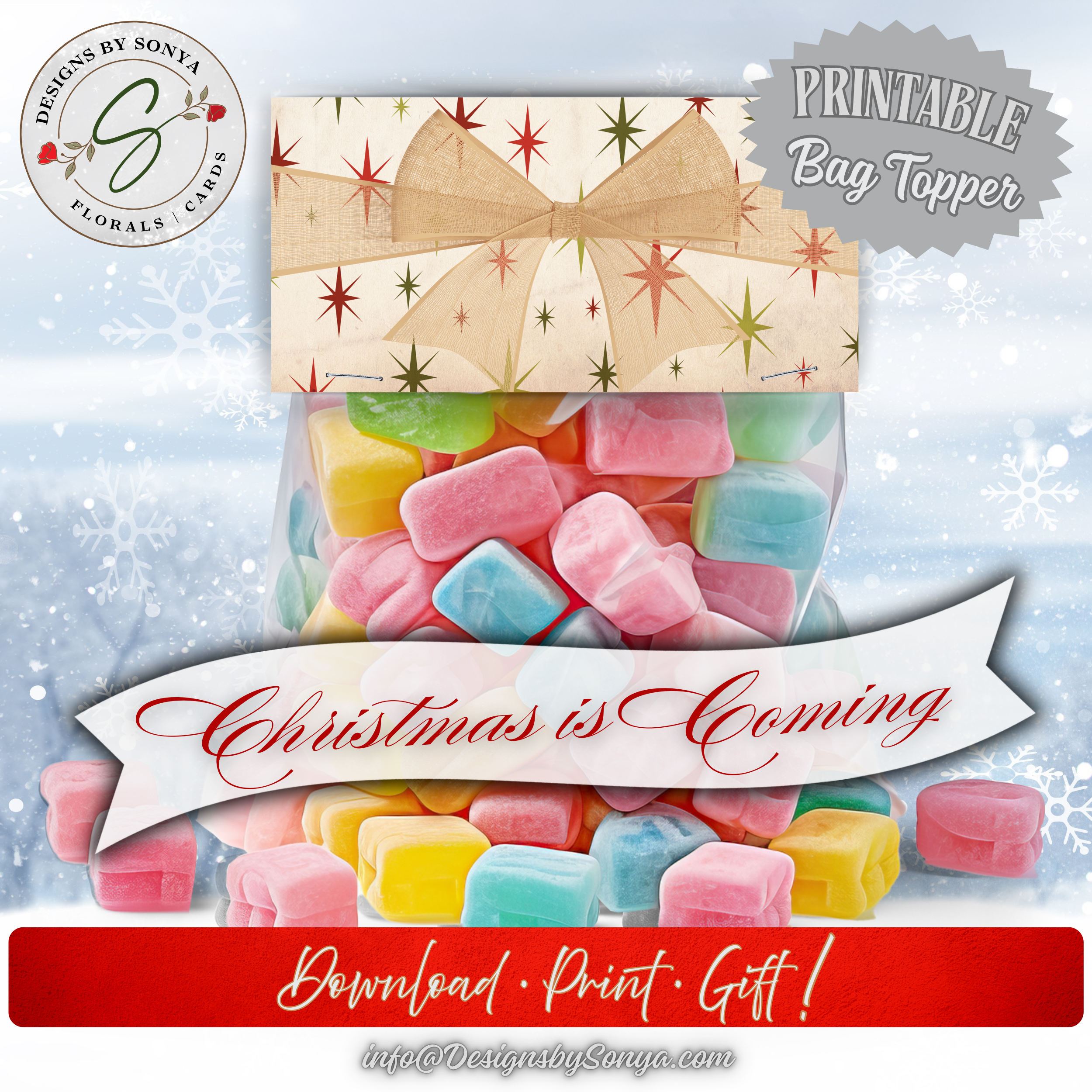 Printable Christmas Candy Bag Topper with Holiday Stars
Retro star and bow printable topper sealing a colorful candy bag, styled with the phrase “Christmas is Coming,” perfect for stocking stuffers or festive DIY gifts.