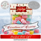 Printable Topper on Candy Bag
Finished candy bag sealed with the cream starburst topper and red label; banner reads “Christmas is Coming”; perfect for stockings, parties, and office treats.