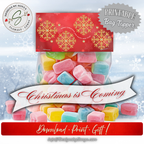 Christmas Is Coming Mockup
“Printable Bag Topper” scene with red snowflake design on a candy bag; winter background. 4x2 inches finished, perfect for holiday party favors, cookie exchanges, and classroom gifts; cut, fold, staple.