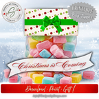 Styled with Candy Bag
Bag topper shown on a treat bag filled with colorful candy squares. Banner text “Christmas is Coming · Download · Print · Gift!” highlights instant usability.