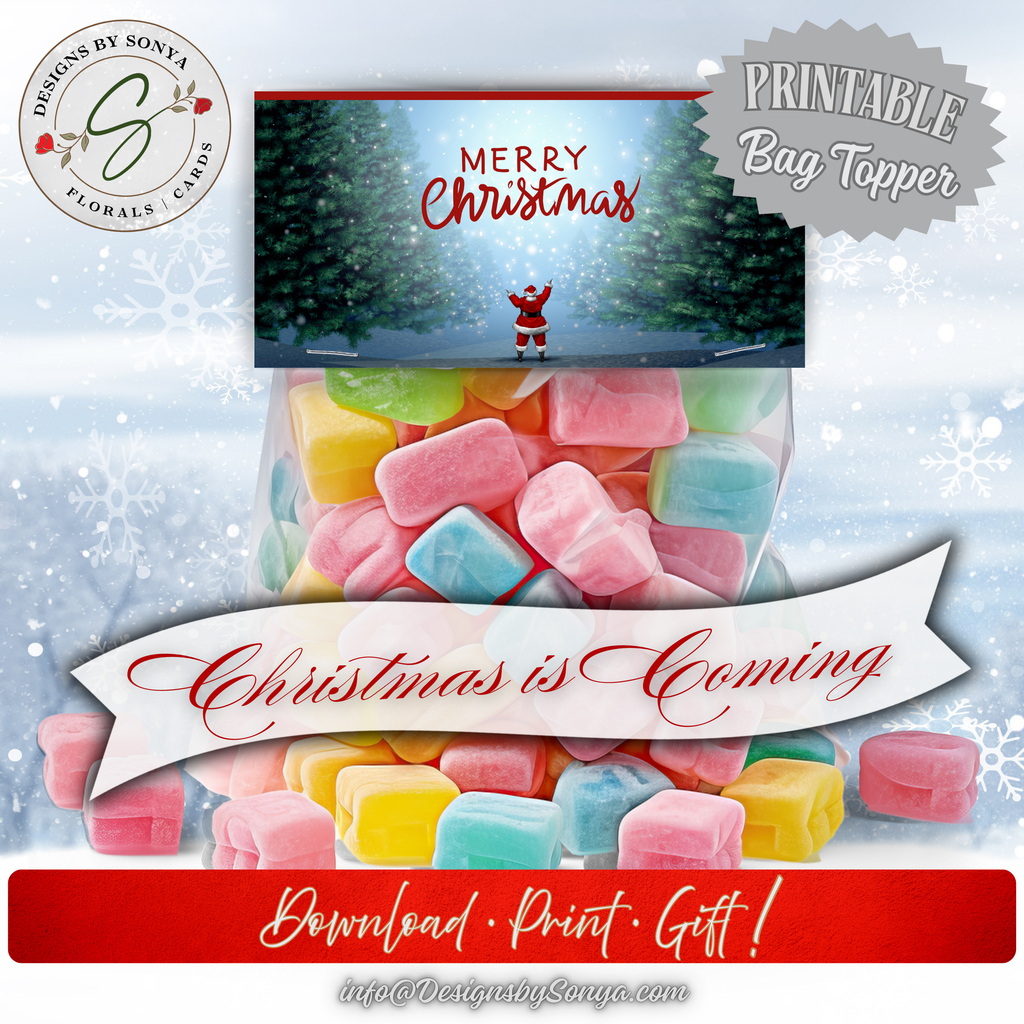 Christmas Candy Bag Topper Printable
Colorful candy-filled bag displayed with Christmas printable topper. Includes text overlay "Christmas is Coming," highlighting instant download and easy DIY use.