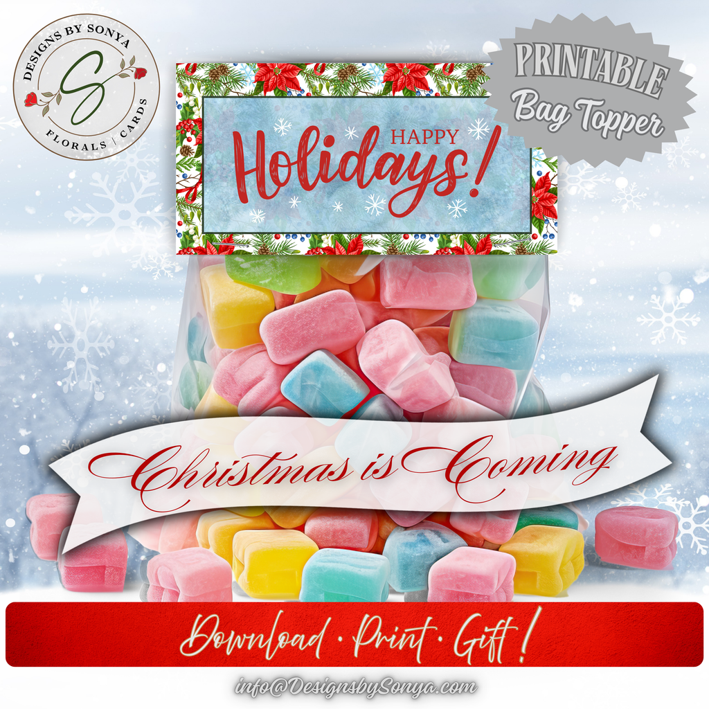 Christmas Is Coming Mockup
Holiday candy bag with printable topper; snowy background and “Christmas is Coming” banner; easy printable gift packaging.