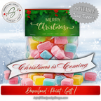 Christmas Is Coming Mockup
Festive printable topper on colorful Christmas candy bag with “Christmas is Coming” banner overlay; snowflake background; instant holiday favor packaging.