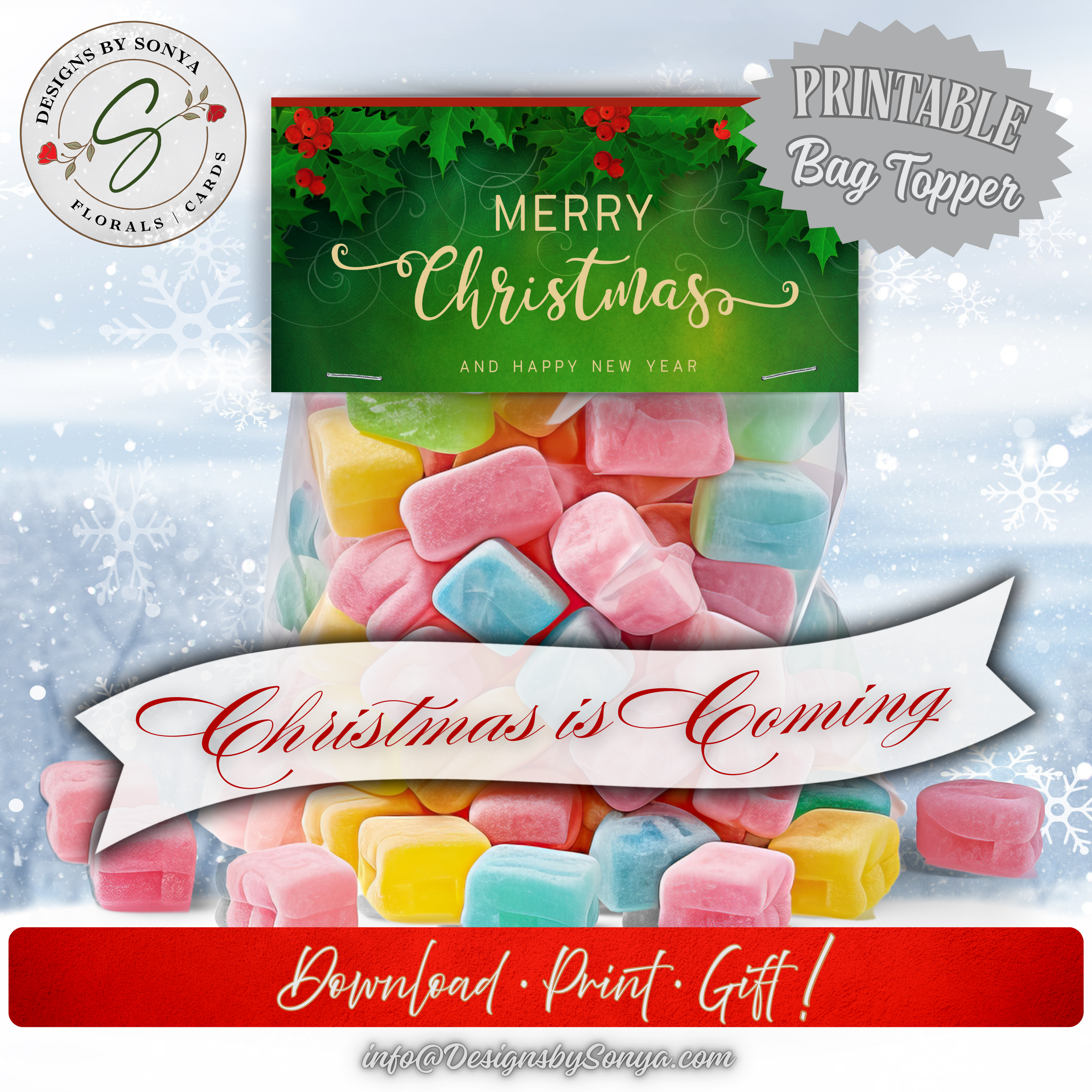 Christmas Is Coming Mockup
Festive printable topper on colorful Christmas candy bag with “Christmas is Coming” banner overlay; snowflake background; instant holiday favor packaging.