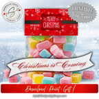 Printable Christmas Candy Bag Topper
Finished candy bag sealed with the red “Merry Christmas” topper; banner reads “Christmas is Coming”; shows polished gift presentation for stockings and party favors.
