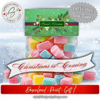 Printable Topper on Candy Bag
Finished candy bag sealed with the green Season’s Greetings topper; banner reads “Christmas is Coming,” demonstrating a polished, gift-ready presentation.