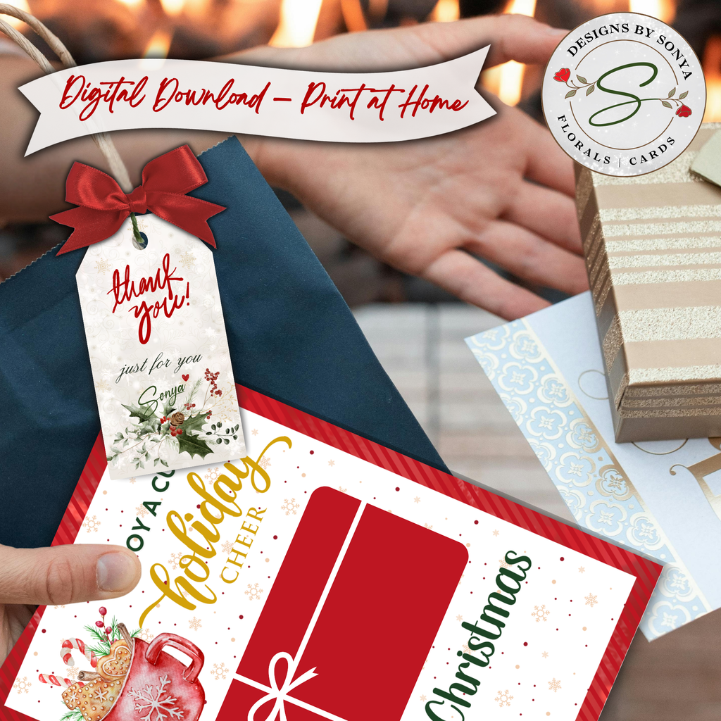 Lifestyle In Use

Hand holding the Holiday Cheer printable gift card holder beside a gift bag and wrapped presents. Demonstrates easy print-at-home, attach a gift card, and give for Christmas, corporate, or teacher gifts.