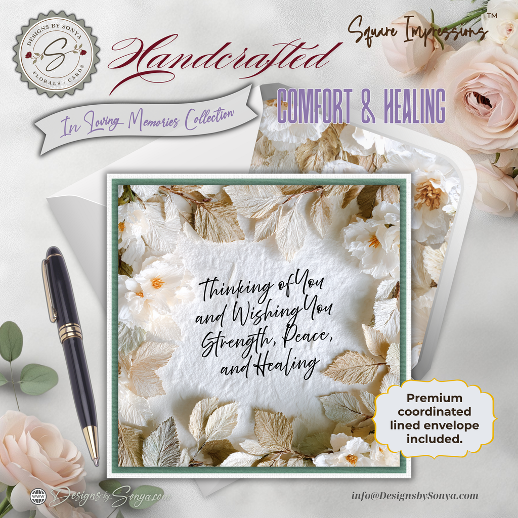 Handcrafted Sympathy Card – Comfort & Healing Square Design with Lined Coordinated Envelope, Thinking of You, Grief Support, Memorial Gift