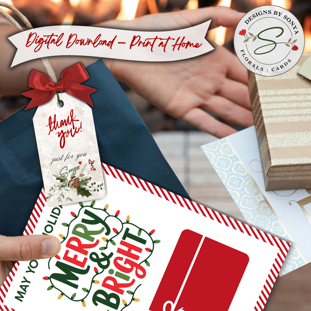 Digital Download Christmas Gift Card Holder
Hand holding “Merry & Bright” printable Christmas gift card holder with wrapped presents, highlighting instant download and print-at-home use.