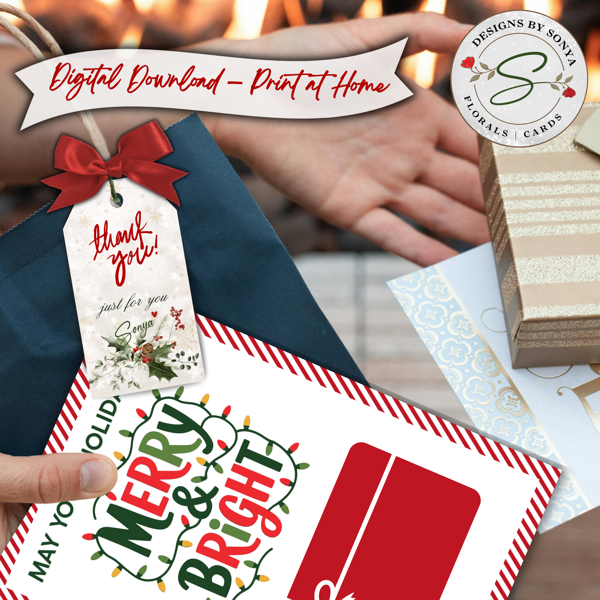 Digital Download Christmas Gift Card Holder
Hand holding “Merry & Bright” printable Christmas gift card holder with wrapped presents, highlighting instant download and print-at-home use.