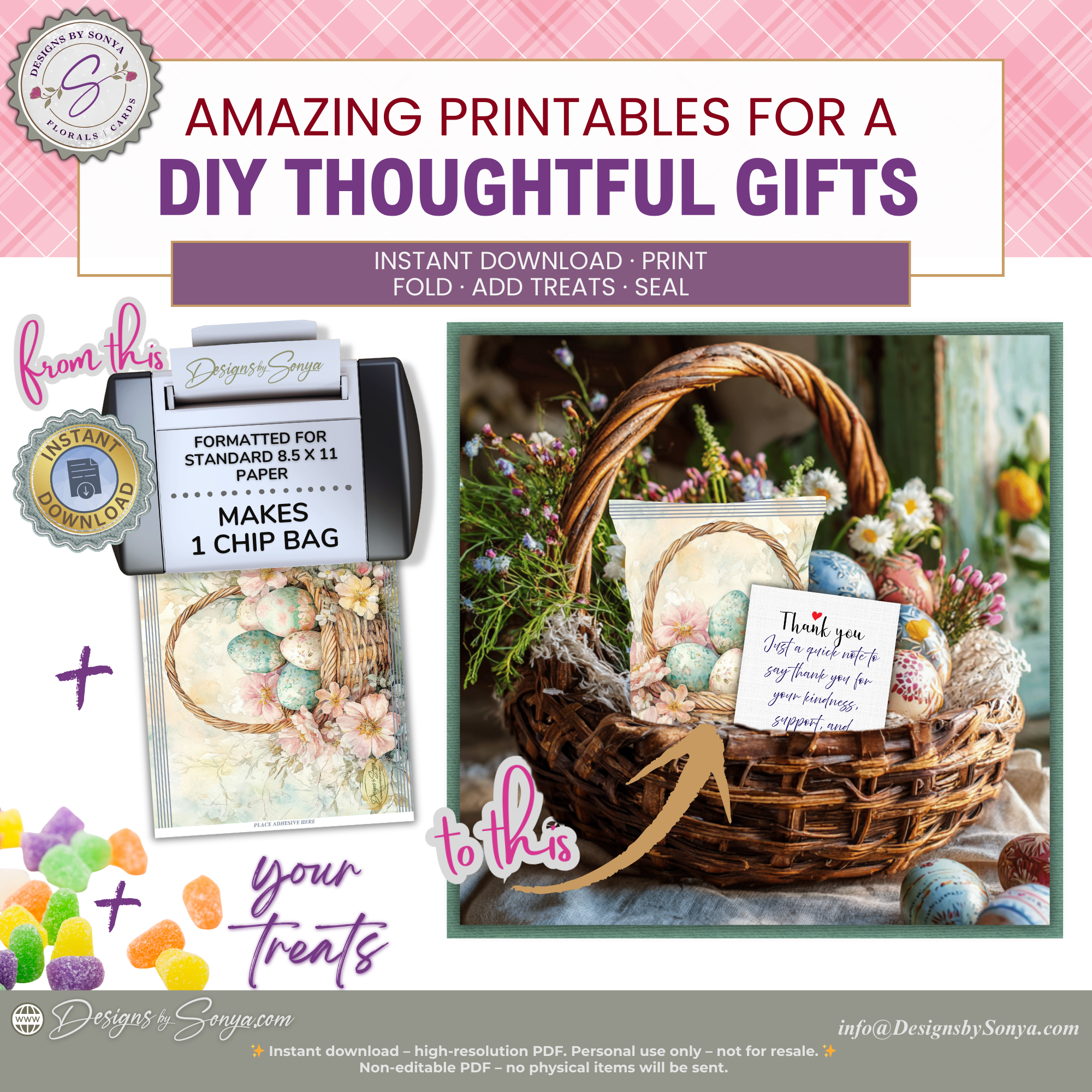 Easter Basket Chip Bag Wrapper Printable – Watercolor Eggs Floral Treat Bag – DIY Spring Easter Basket Party Favor – Snack Wrapper