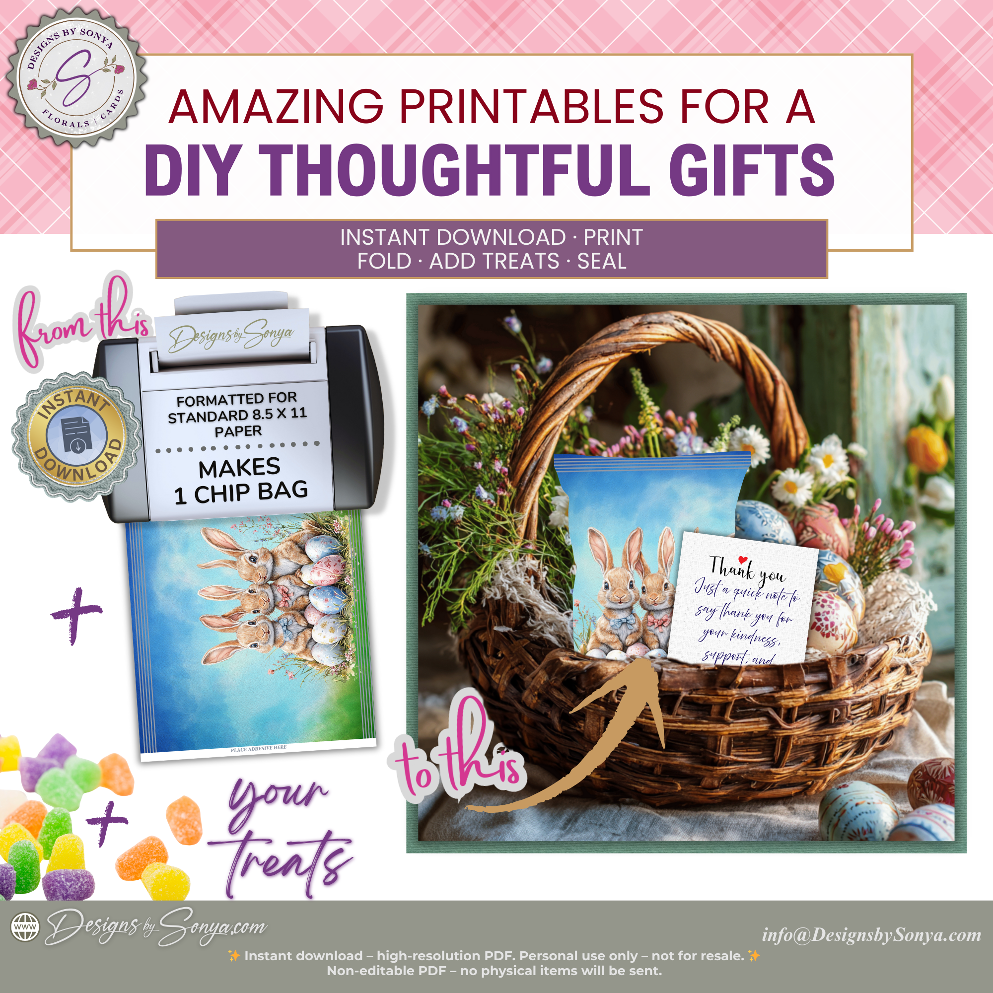 Easter Bunny Chip Bag Wrapper Printable, Rabbit Watercolor DIY Basket Gift, Classroom Party Favor, Teacher & Kids Easter Treat