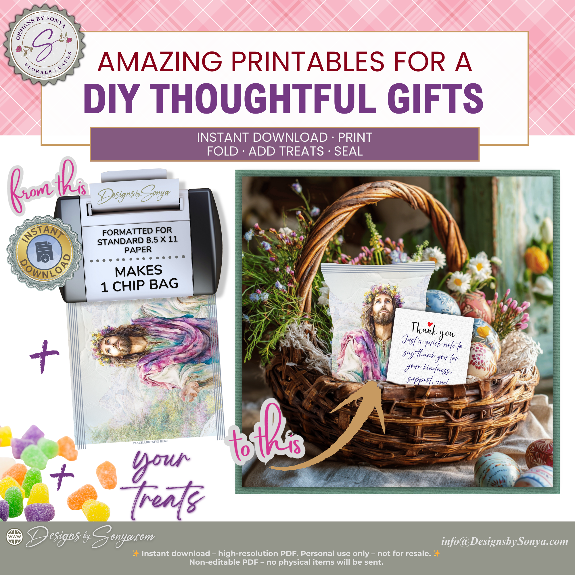 Floral Crown Jesus Printable Chip Bag Wrapper – Christian Easter Treat Bag, Faith Gift Favor, Religious Party Snack Wrapper