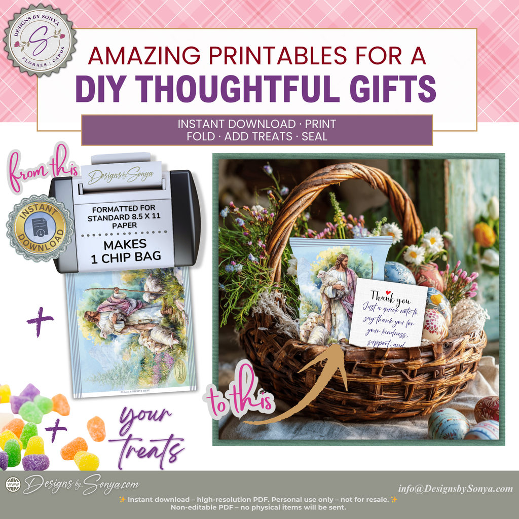 Good Shepherd Printable Chip Bag Wrapper – Christian Easter Treat Bag, Jesus with Lamb – Christian Church Party Favor,  Faith Gift