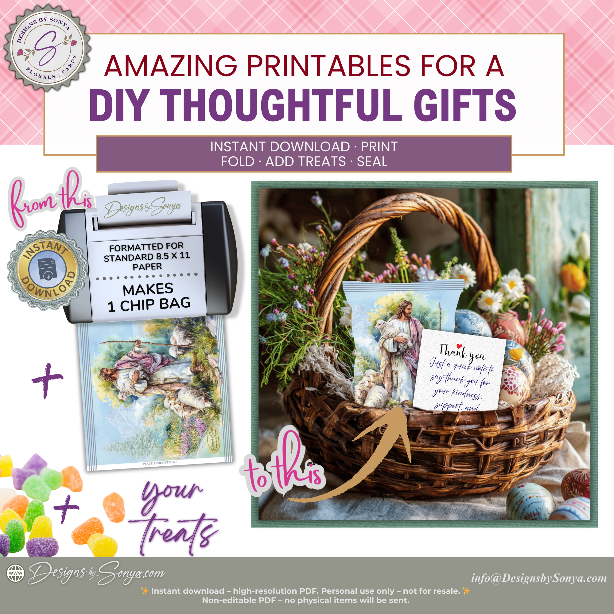 Good Shepherd Printable Chip Bag Wrapper – Christian Easter Treat Bag, Jesus with Lamb – Christian Church Party Favor,  Faith Gift