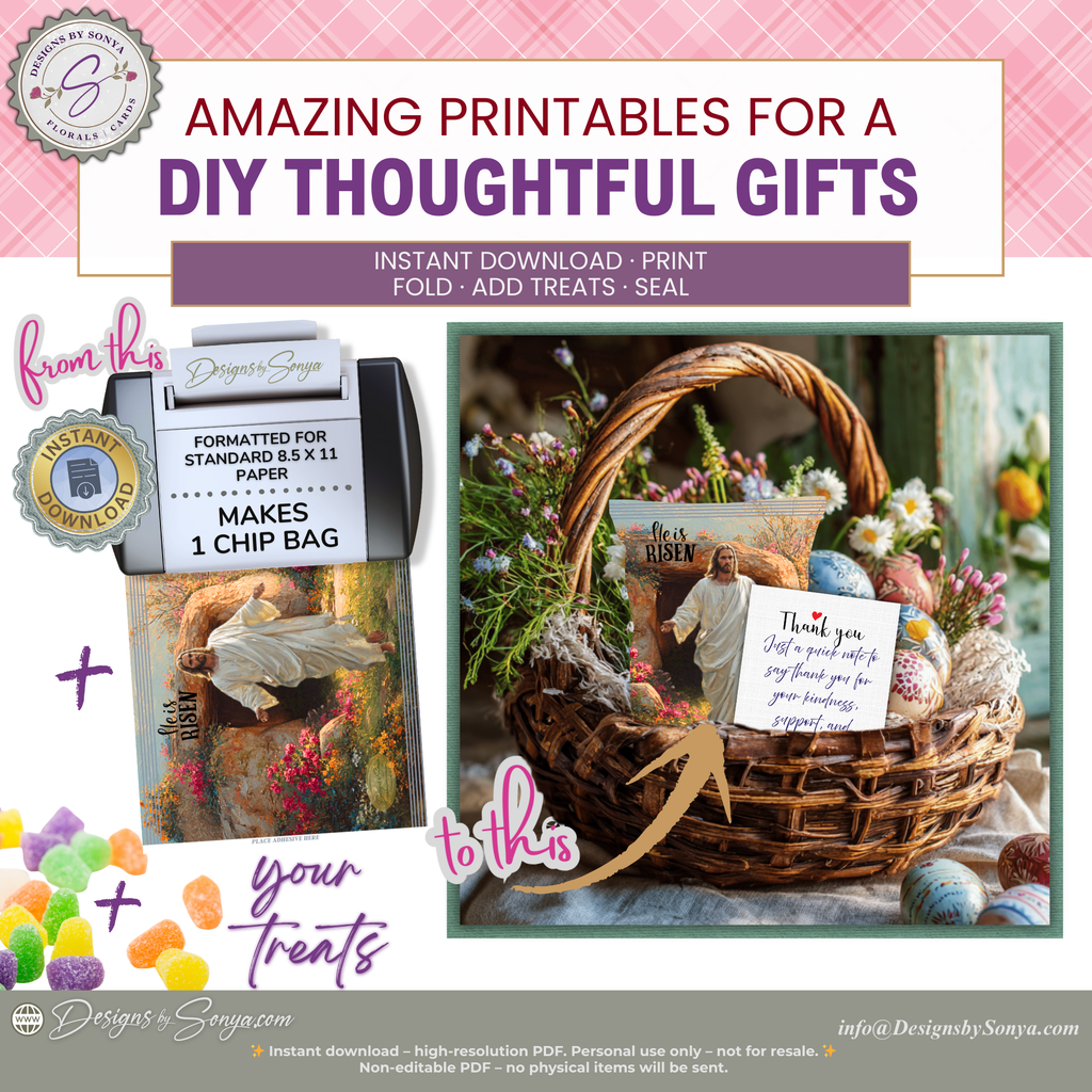 He Is Risen Printable Chip Bag Wrapper – Christian Easter Basket Treat, Resurrection Faith Gift, Religious Church Party Favor