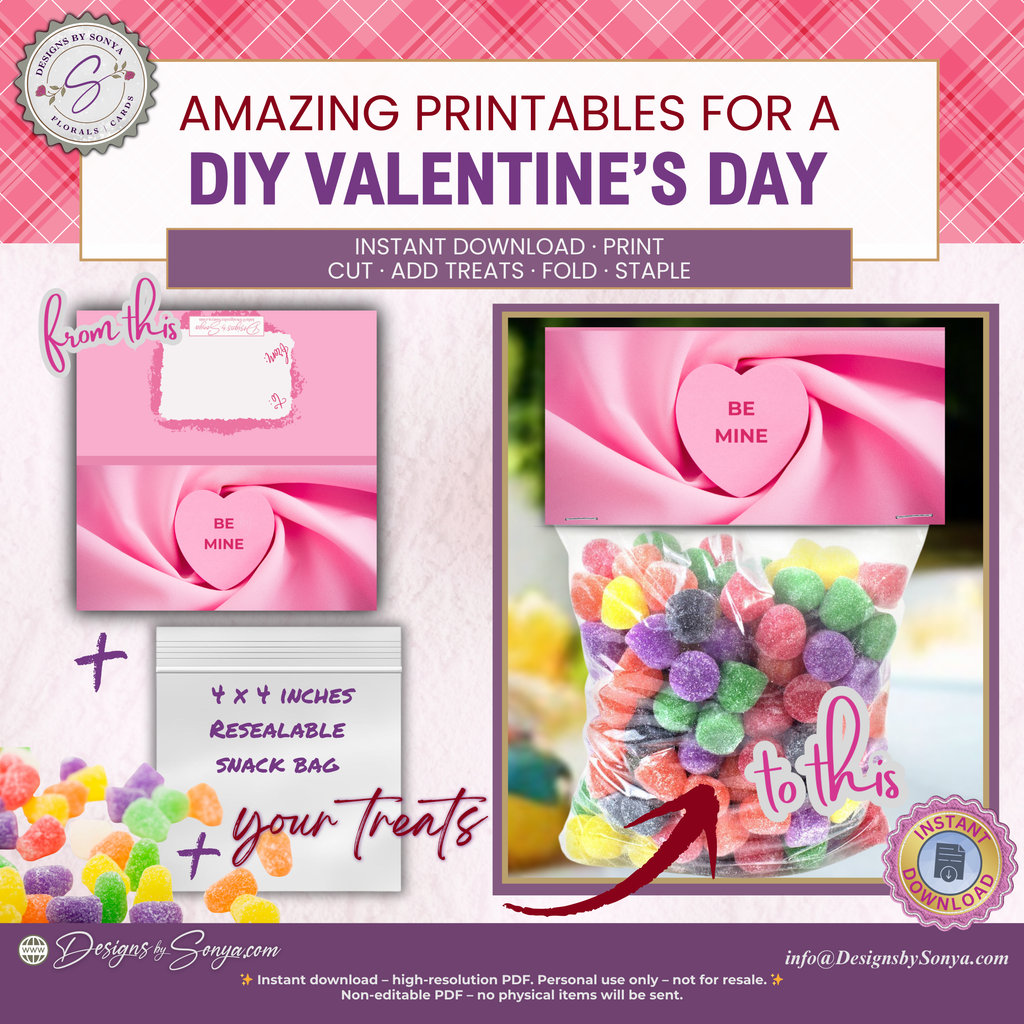Valentine Treat Bag Toppers Printable – Set of 4 Candy Heart Designs – 4x2 Folded Labels for Classroom, Kids, Party Favors