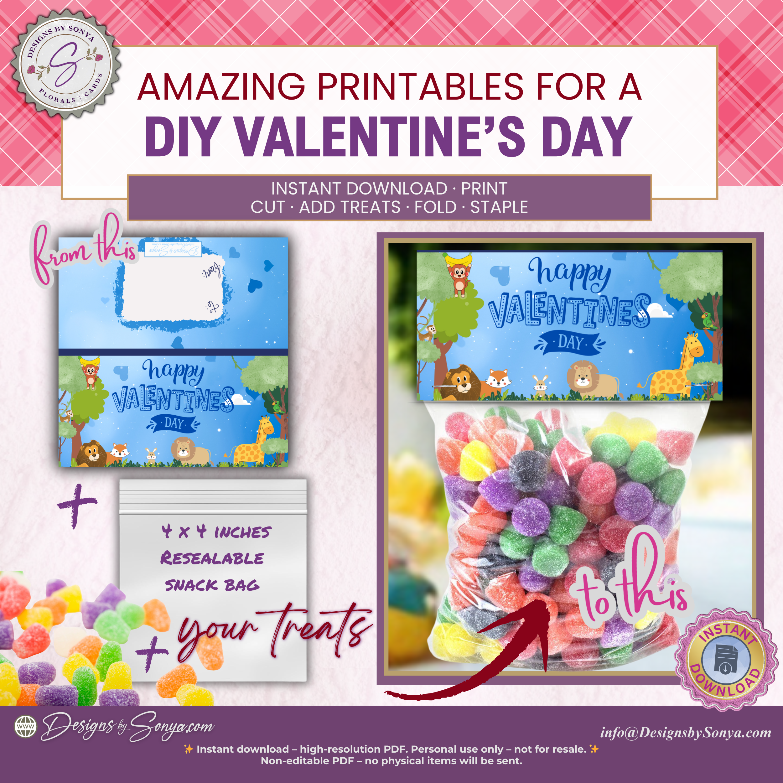 Safari Animals Valentine Treat Bag Topper Printable – Cute Classroom DIY Snack Bag Label – Kids Valentine Party Favor for Teachers & Students