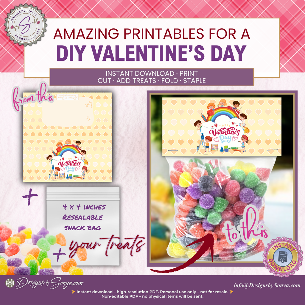 Printable Valentine’s Day Treat Bag Topper – Rainbow Kids Design – DIY Classroom Candy Bag Label for Teachers, Students & Party Favors