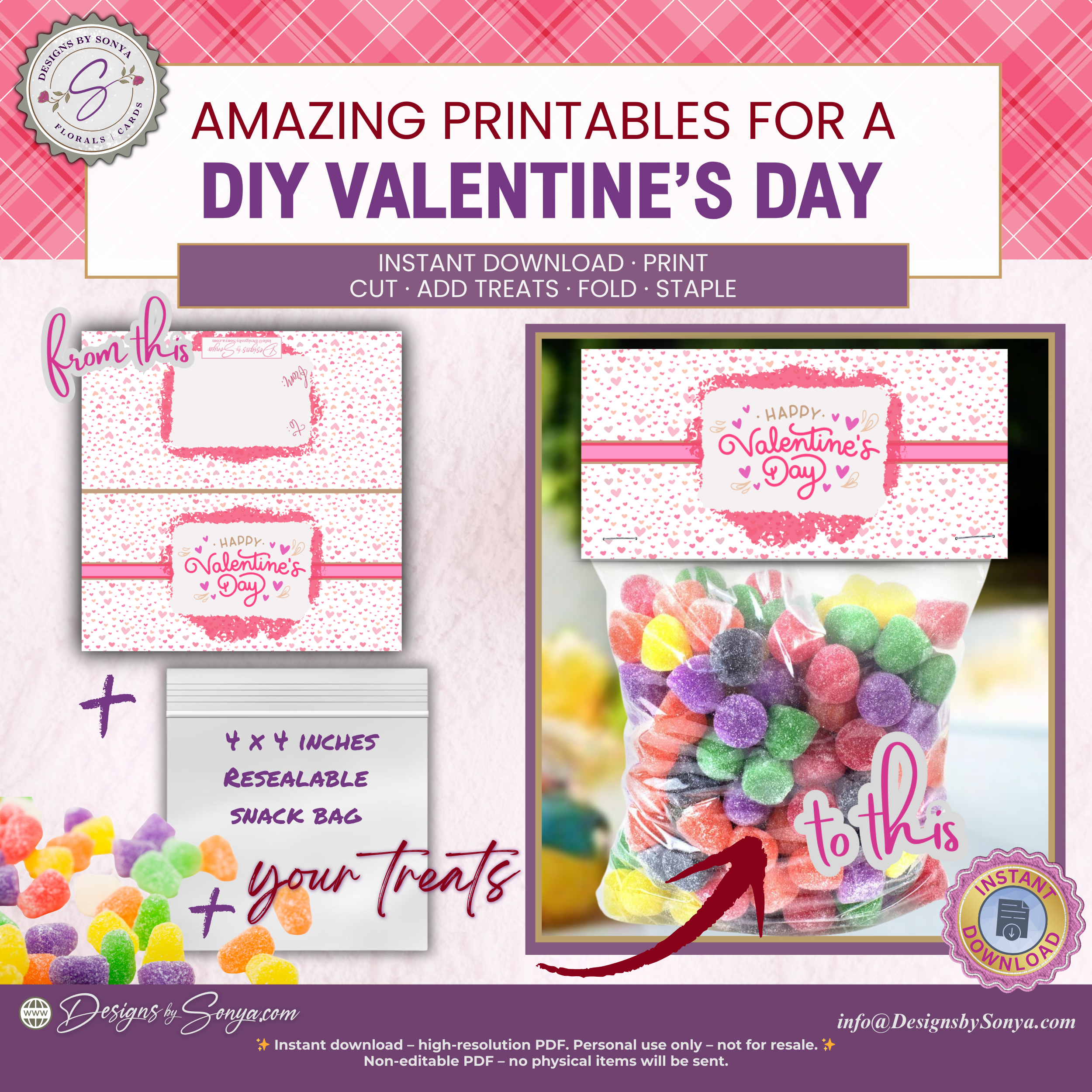Printable Valentine’s Day Treat Bag Toppers – Set of 4 Cute Classroom Party Favor Labels – DIY Candy Gift Tags for Kids, Teachers & Friends