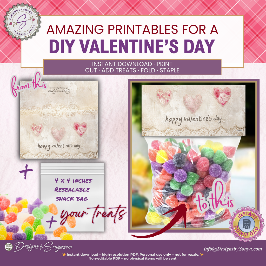 Vintage Hearts & Lace Printable Valentine Candy Treat Bag Topper – Classroom Party Favors, Teachers, Friends,  Neighbors – 4"x2" Folded