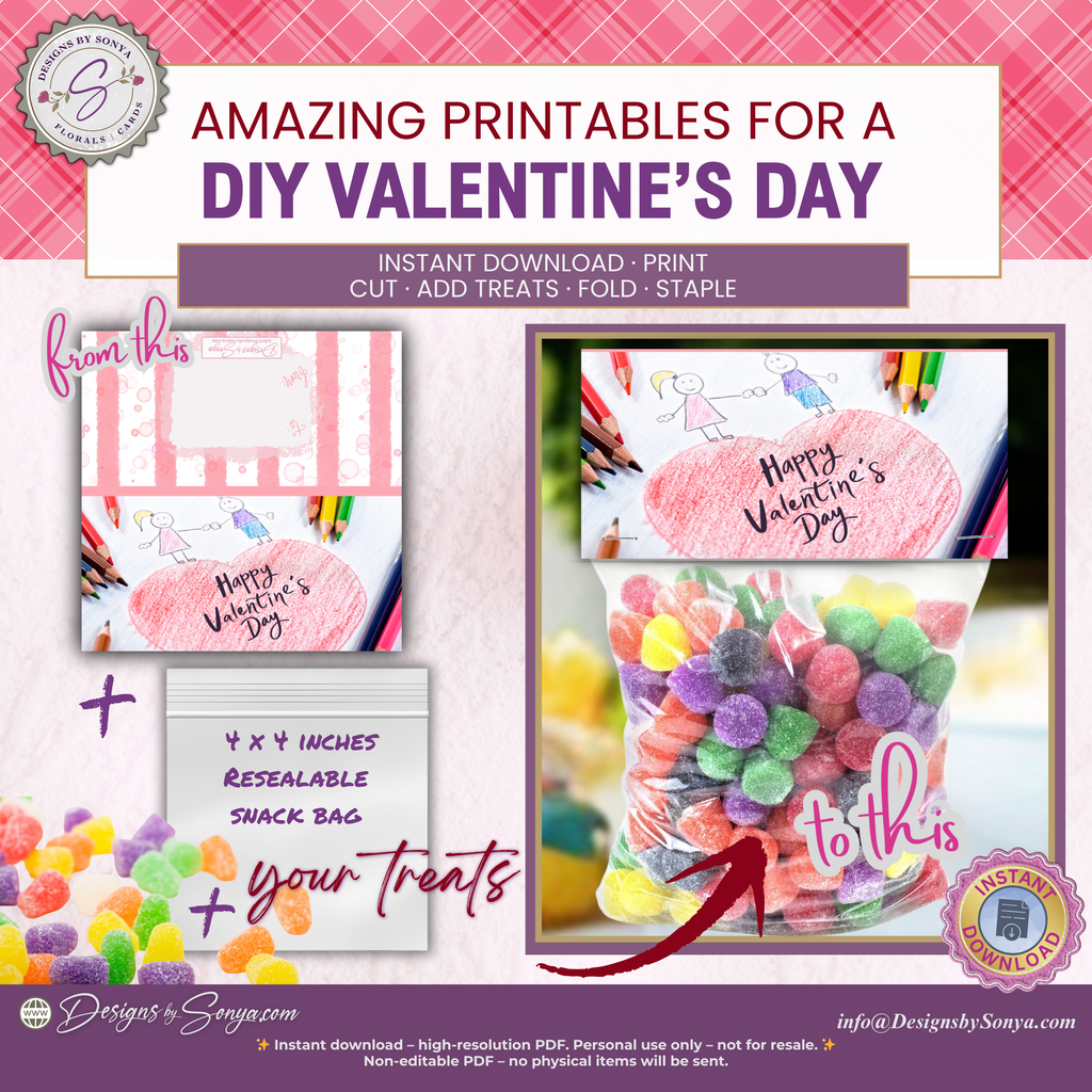 Kids Valentine Treat Bag Topper Printable – Crayon Heart Classroom Favor – 4x2" DIY Snack Bag Label for School Parties & Teachers Gift