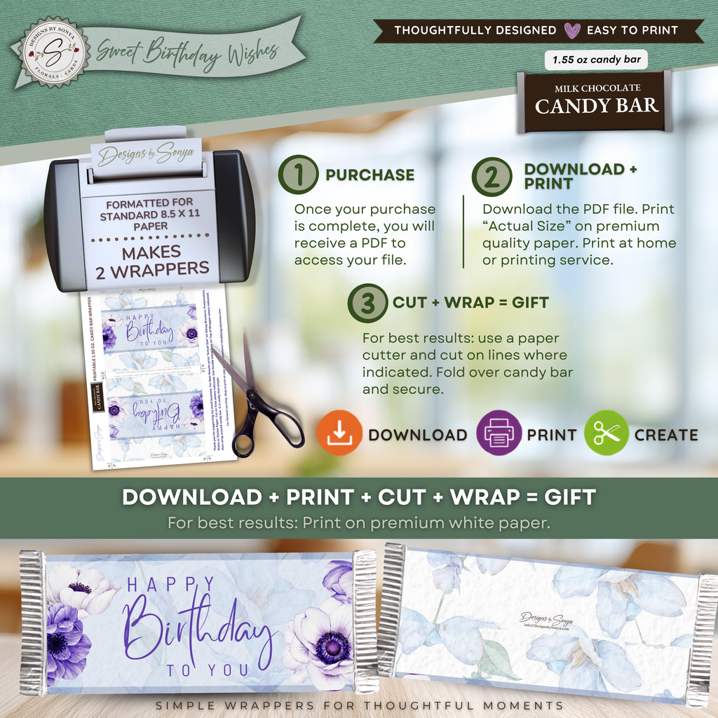 Printable Happy Birthday Candy Bar Wrapper, Blue & Purple Floral 1.55 oz Chocolate Bar Wrap, Birthday Gift for Her, Mom, Grandma & Friend