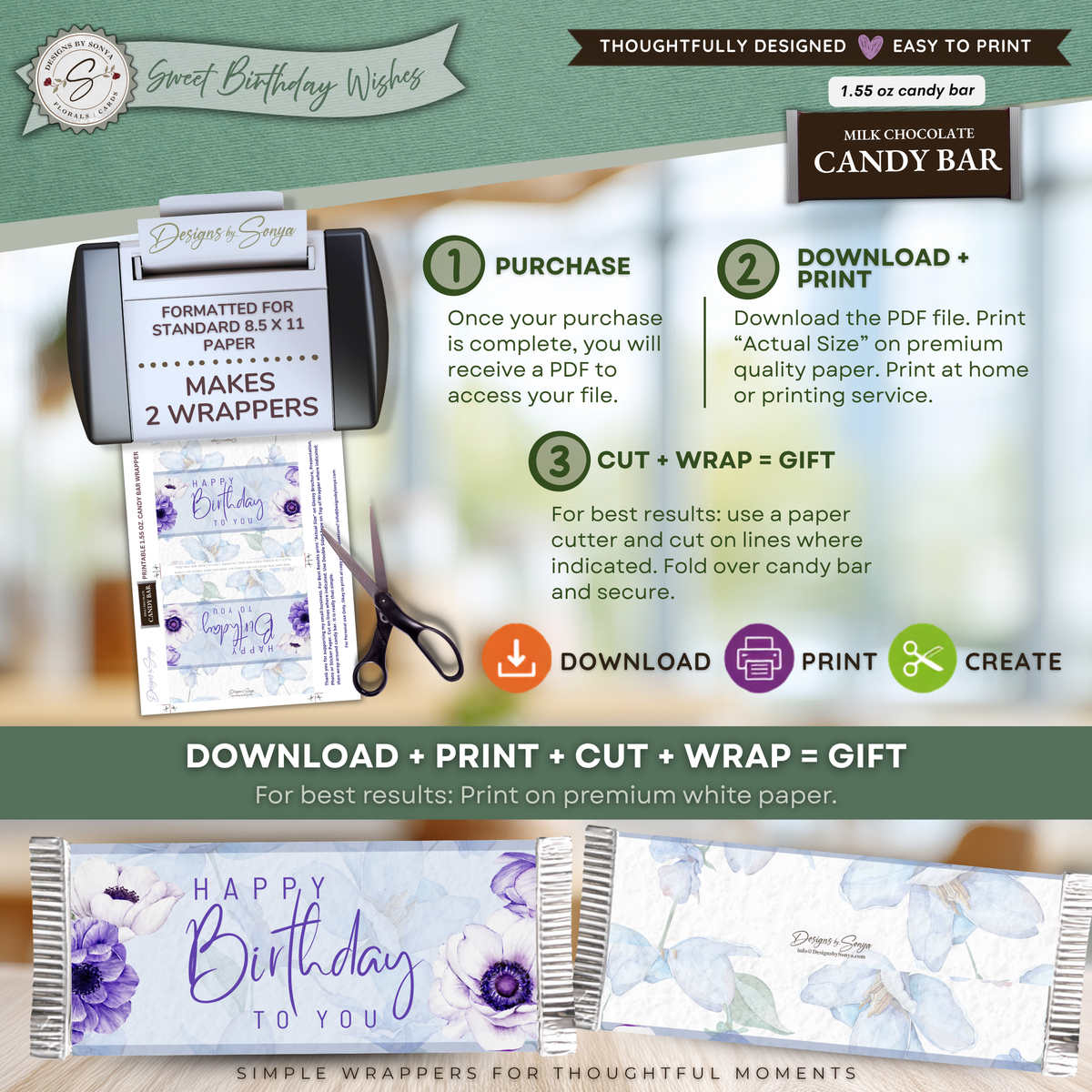 Printable Happy Birthday Candy Bar Wrapper, Blue & Purple Floral 1.55 oz Chocolate Bar Wrap, Birthday Gift for Her, Mom, Grandma & Friend