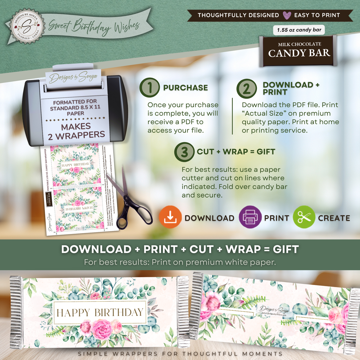 Printable Happy Birthday Candy Bar Wrapper, Pink Rose & Eucalyptus Floral 1.55 oz Chocolate Bar Wrap, Birthday Gift for Her