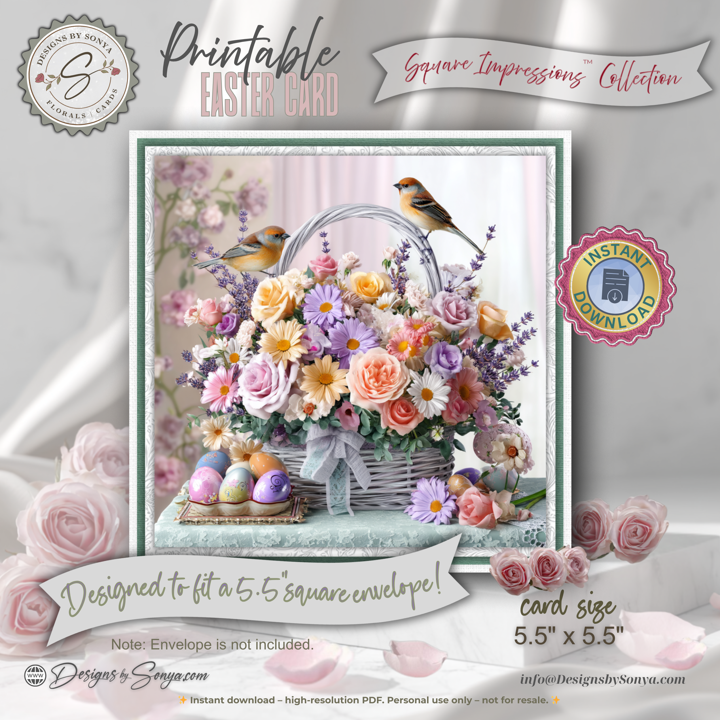 Easter Floral Basket Printable Card – 5.5” Square Watercolor Spring Greeting Note Card with Pastel Blooms, Birds & Decorated Eggs