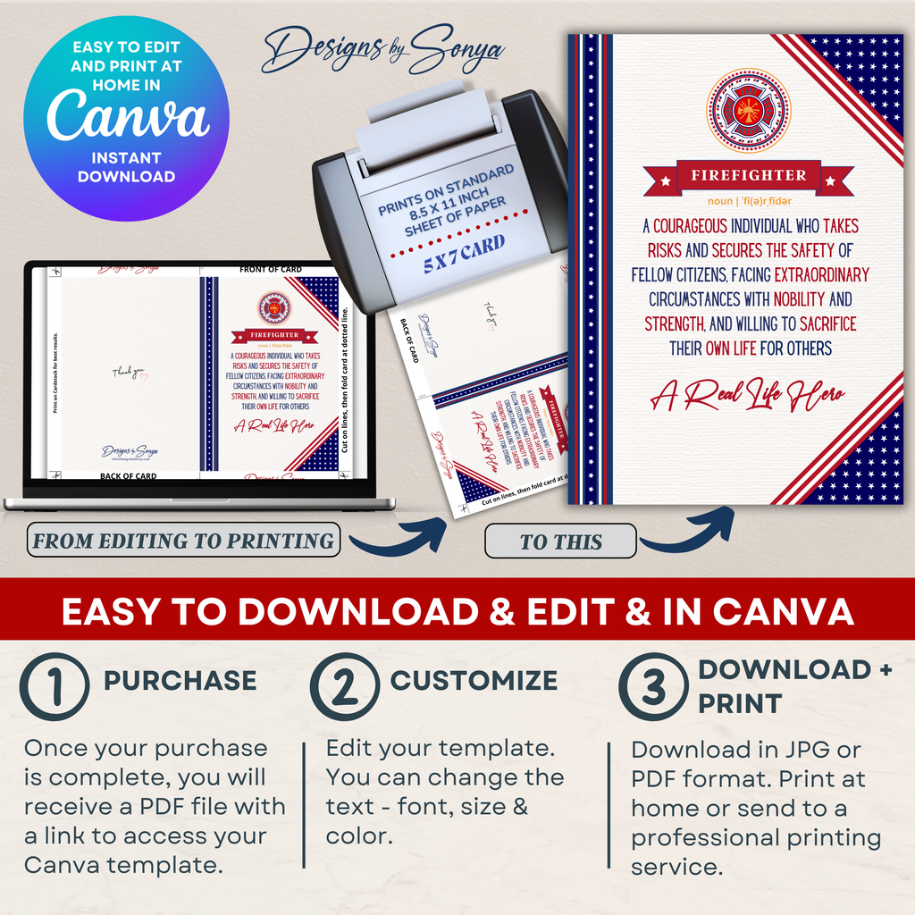Easy Editing Guide
Step-by-step Canva editing and printing example showing how to customize and print the firefighter card at home.
