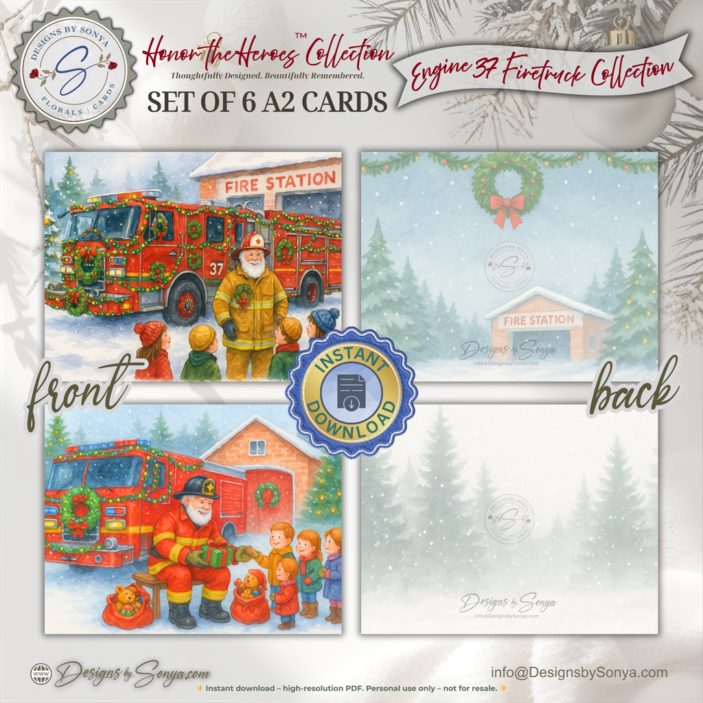 Engine 37 Firetruck Printable Christmas Note Cards | Set of 6 A2 - 5.5"x4.25"| Honor the Firefighter and First Responder Heroes