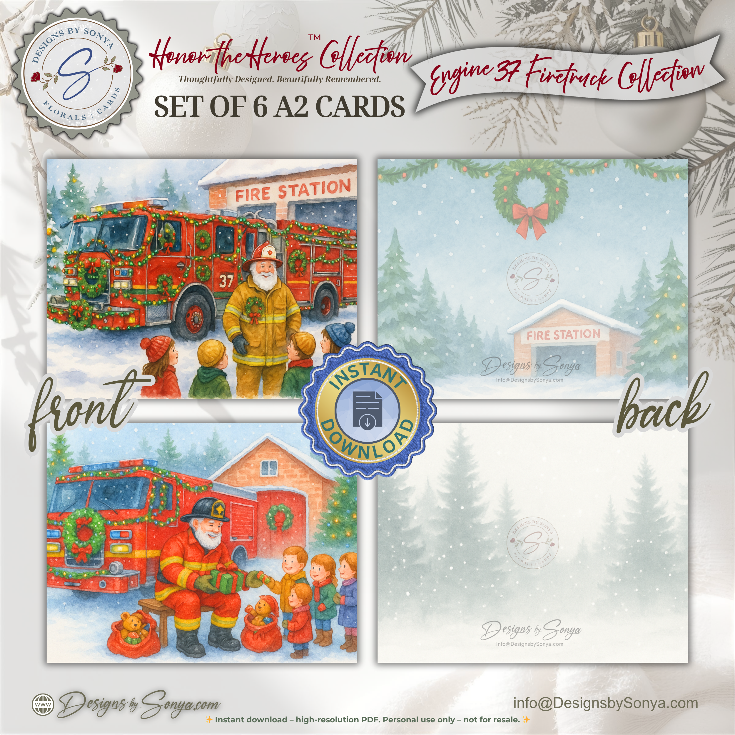 Engine 37 Firetruck Printable Christmas Note Cards | Set of 6 A2 - 5.5"x4.25"| Honor the Firefighter and First Responder Heroes