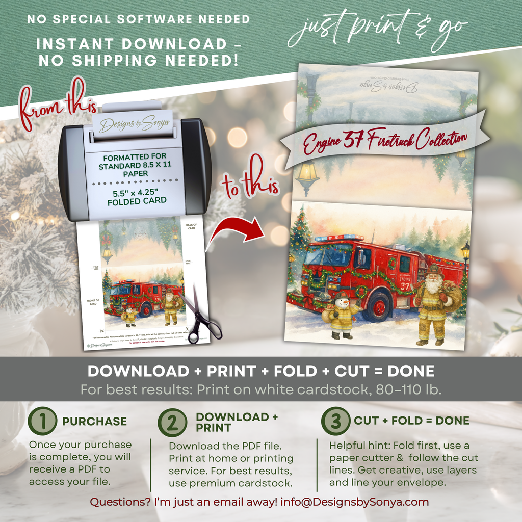 Engine 37 Firetruck Christmas Card Printable | A2 Holiday Card | Honor the Heroes Collection | Firefighter Santa Greeting Card | Envelope Liner