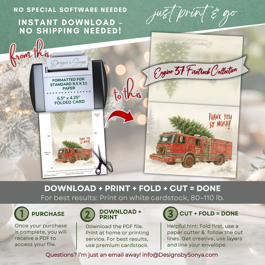 Engine 37 Printable Firetruck Christmas Card • Holiday Thank You Greeting • Festive Wreath Scene • First Responder Appreciation • A2 (5.5"x4.25") • Instant Download DIY
